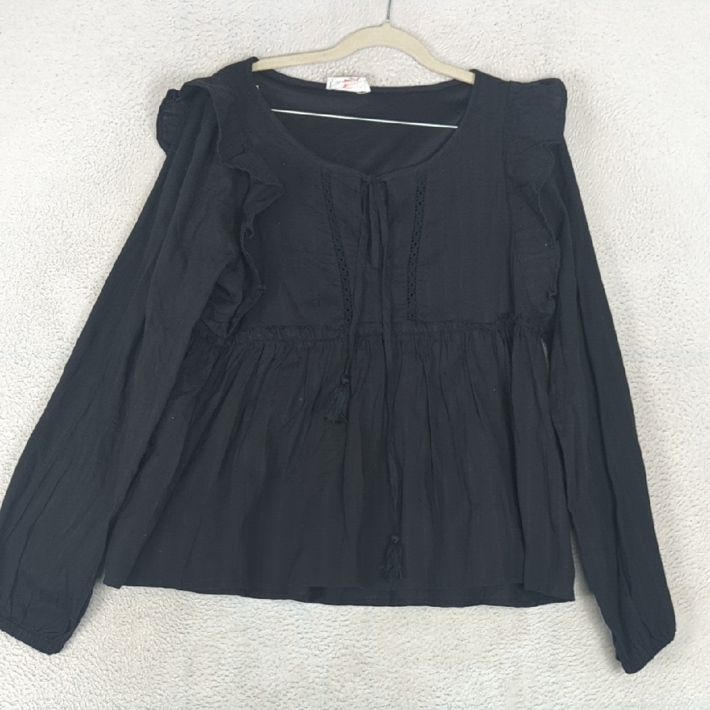 In Loom Women's Black‎ Cotton Ruffle Peasant Top Size M